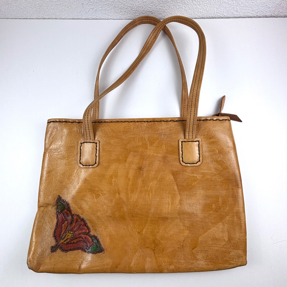 Hand Tooled Leather Tote Bag Womens Medium Tan Floral Boho Cottagecore Western